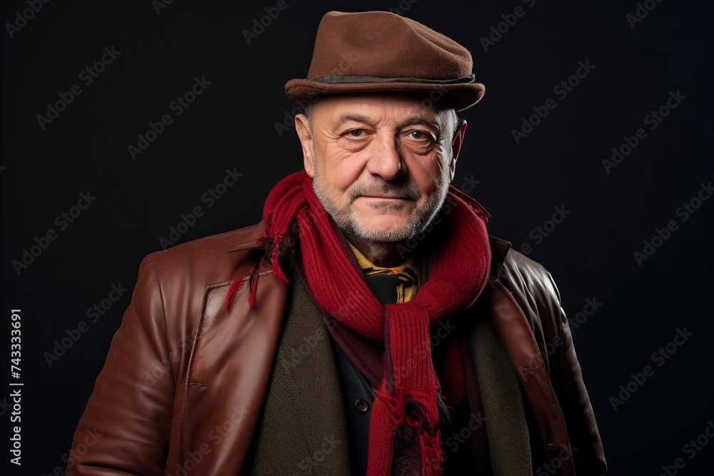 Portrait of a senior man wearing a hat and a red scarf.