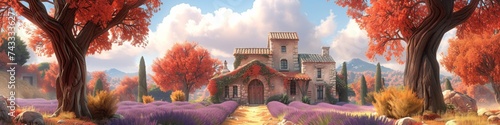 Idyllic panorama of a countryside villa with a path through autumn trees and lavender fields, encapsulating the essence of a serene and picturesque rural life photo