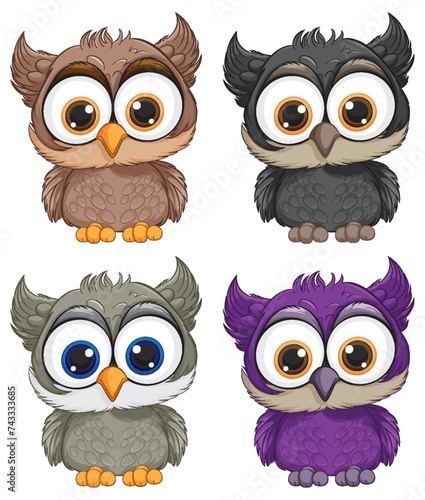 Four cute owls with different color feathers.