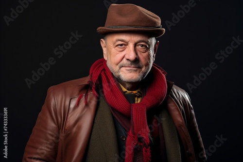 Portrait of a senior man wearing a hat and a red scarf.
