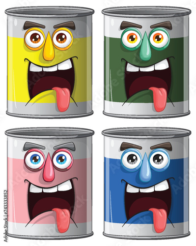 Four cartoon paint cans showing playful expressions.