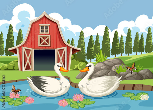 Two ducks floating peacefully near a red barn