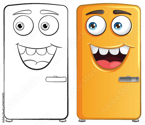 Two smiling cartoon refrigerators in different colors.