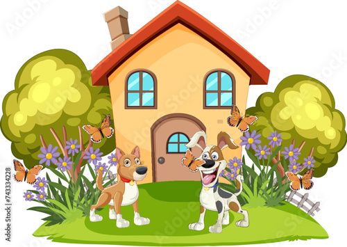 Two cheerful dogs in front of a small house.