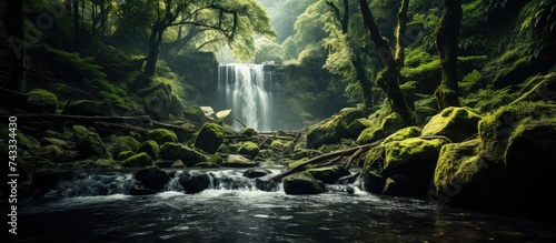 waterfall view, green forest background