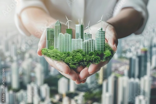 Conceptual image of a sustainable green city With eco-friendly buildings and renewable energy sources in a person's hands © Bijac