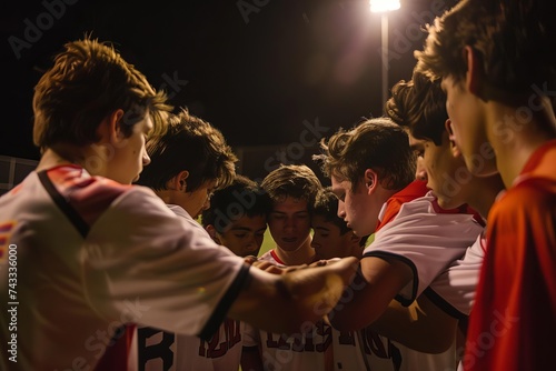 High school soccer team in a motivational huddle Showcasing unity and determination on the field photo