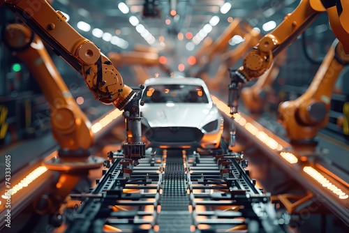 High-tech car manufacturing line with precision robotics