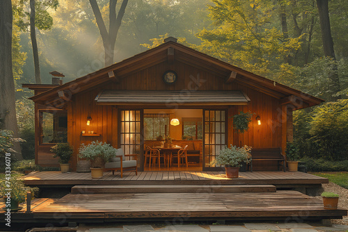 Stylish summer exterior concept with wooden cabin house in the forest. Generative AI