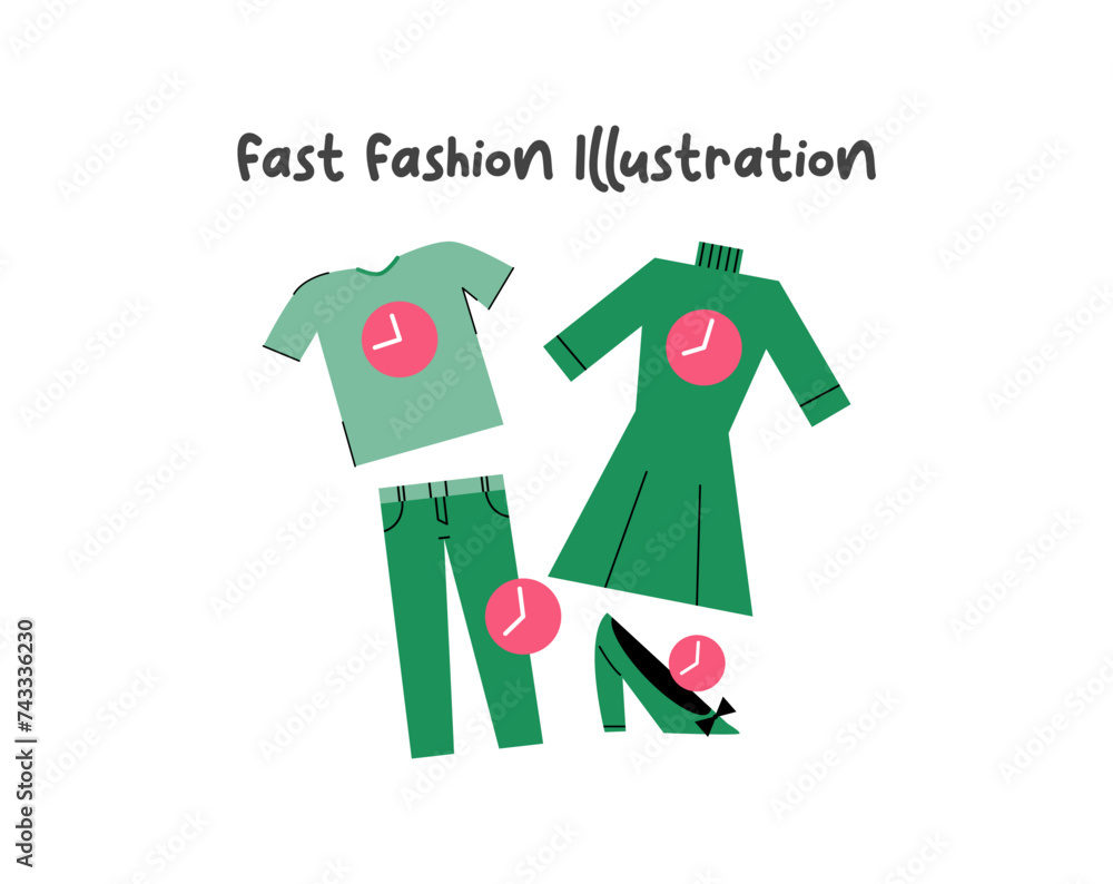 Fast fashion, illustration, slow fashion and sustainability fashion illustration. Recycle and sustainable fashion concept. Made textiles, fabrics, garment and eco-friendly clothes.