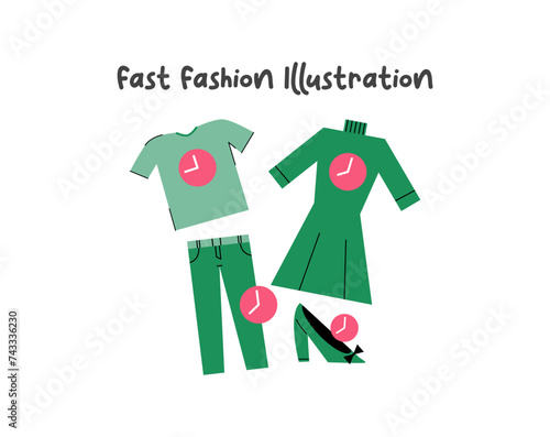 Fast fashion, illustration, slow fashion and sustainability fashion illustration. Recycle and sustainable fashion concept. Made textiles, fabrics, garment and eco-friendly clothes.