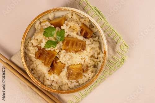 Obraz na plátně Takenoko Gohan or Bamboo Rice is a Simple Rice Dish Cooked in Dashi Broth with the Addition of Tender Bamboo Shoots