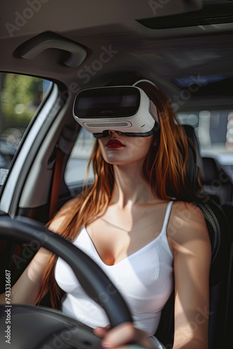 A beautiful woman wearing a VR headset while driving a car