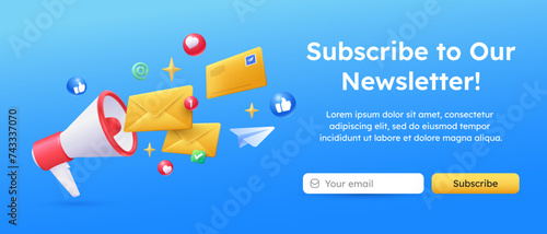 3d mail envelope and megaphone Subscribe to newsletter banner
