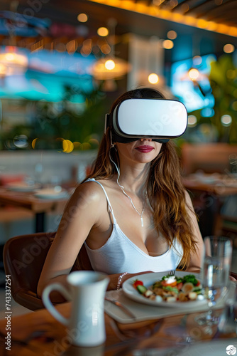 A beautiful woman wearing a VR headset when dining in a restaurant.