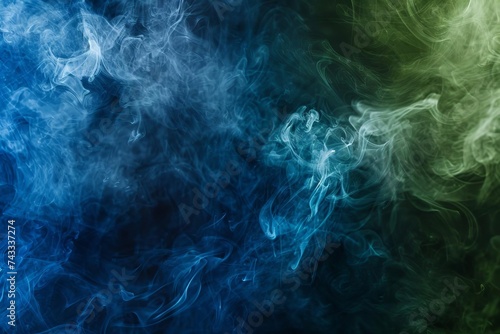 Abstract concept of green and blue smoke swirling together on a dark background Creating an atmospheric and mysterious visual