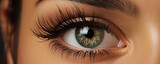 Enchanted gaze: A detailed close-up of a womans eye showcasing her long, beautiful lashes that frame her mesmerizing gaze.
