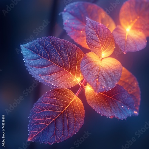 Fresh leaves close up glowing sparkling exotic decorative in spring abstract colorful fantasy style imaginative eco friendly. Good for business, creativity, positive energy, motivation. Generative ai
