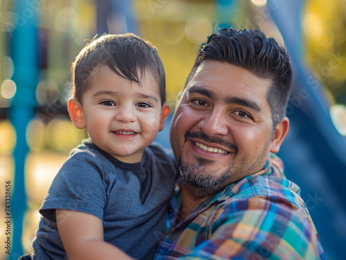 Closeup portrait of hispanic latino father and young son outdoors at the playground.  Smiling at camera.