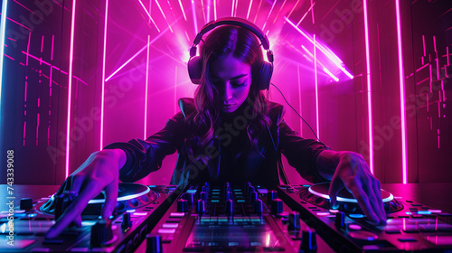 A beautiful DJ playing music in a nightclub for video cover