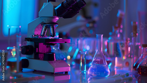 A high-tech microscope with multiple lenses in a laboratory setting, surrounded by beakers and flasks, symbolizes scientific research and discovery.
 photo