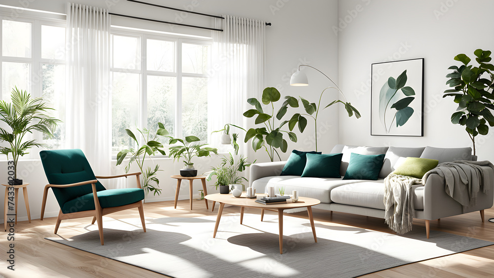 Fototapeta premium Modern interior living room design with sofa and chairs, sunny window with floor lamp and green plants next to it 
