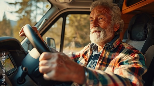 Older man sitting in camper van using gps navigation map system digital device. Smiling mature active traveler driving car vehicle looking at screen touching sensor gadget dashboard.