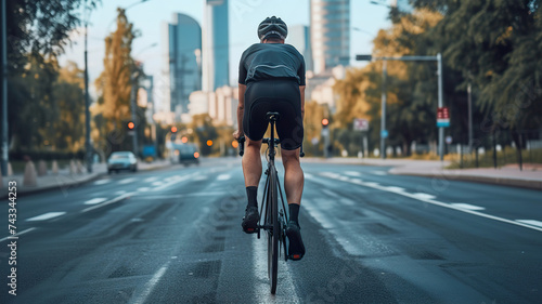 Cyclist riding on city road with urban skyline backdrop, rear view