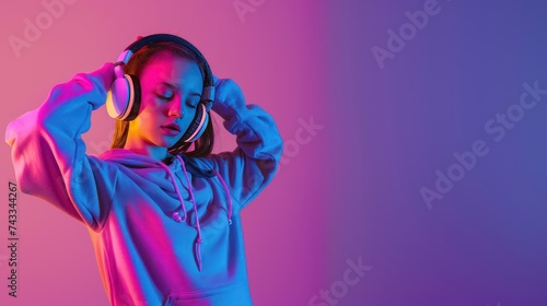 Electrifying Style  Fashionable Teenager Model Rocking a Hoodie and Headphones  Dancing to DJ Music in the Enchanting Glow of Purple Neon Lights