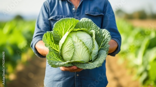 Cabbage growing in the garden. Farmer hold one big cabbage in the hands, blurred summer field background