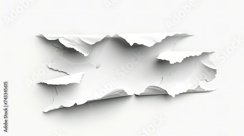 Paper hole with torn edges design template. Royalty high-quality free stock image of elongated torn paper fragments isolated on white background, hole in the sheet of torn paper fragments overlay