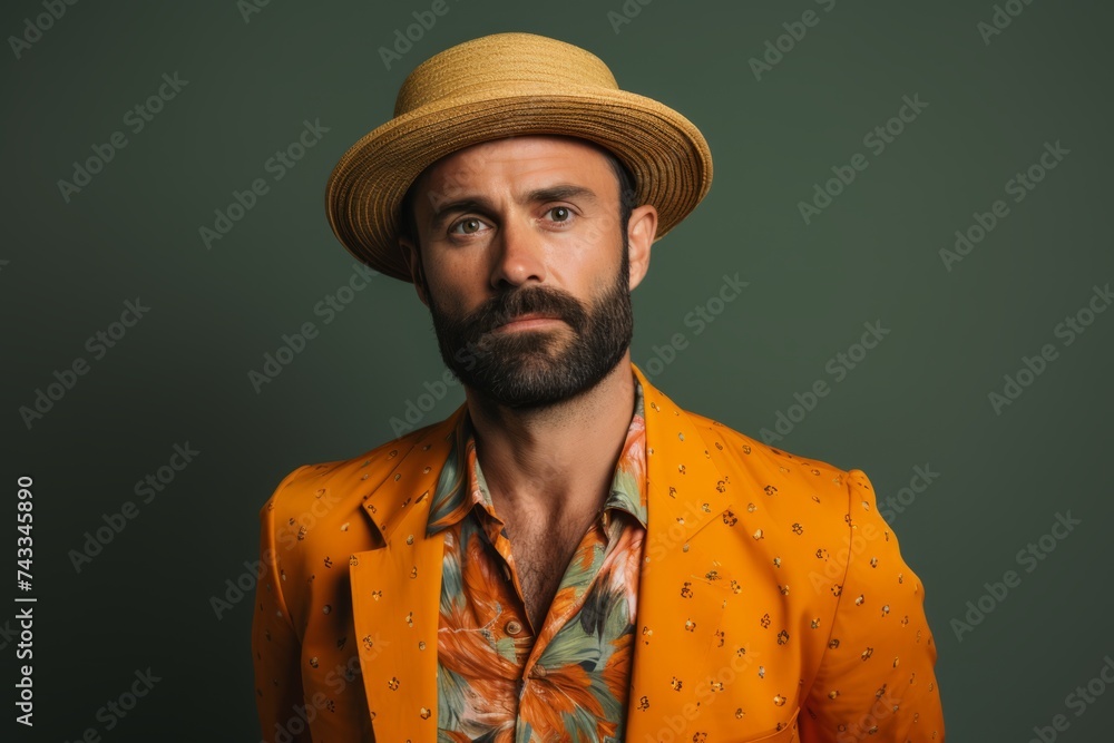 Handsome bearded man in a yellow jacket and a straw hat Handsome bearded man in a yellow jacket and a straw hat