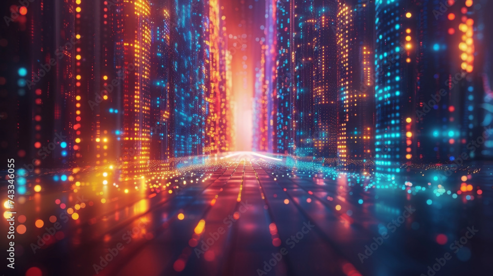 Fototapeta premium Rows of holographic columns tower above a busy trading floor each one representing a different stock or company. As traders frantically tap away at their virtual screens the