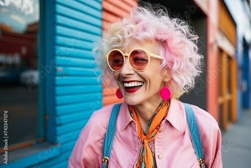 Portrait of a beautiful senior woman with pink hair and sunglasses smiling