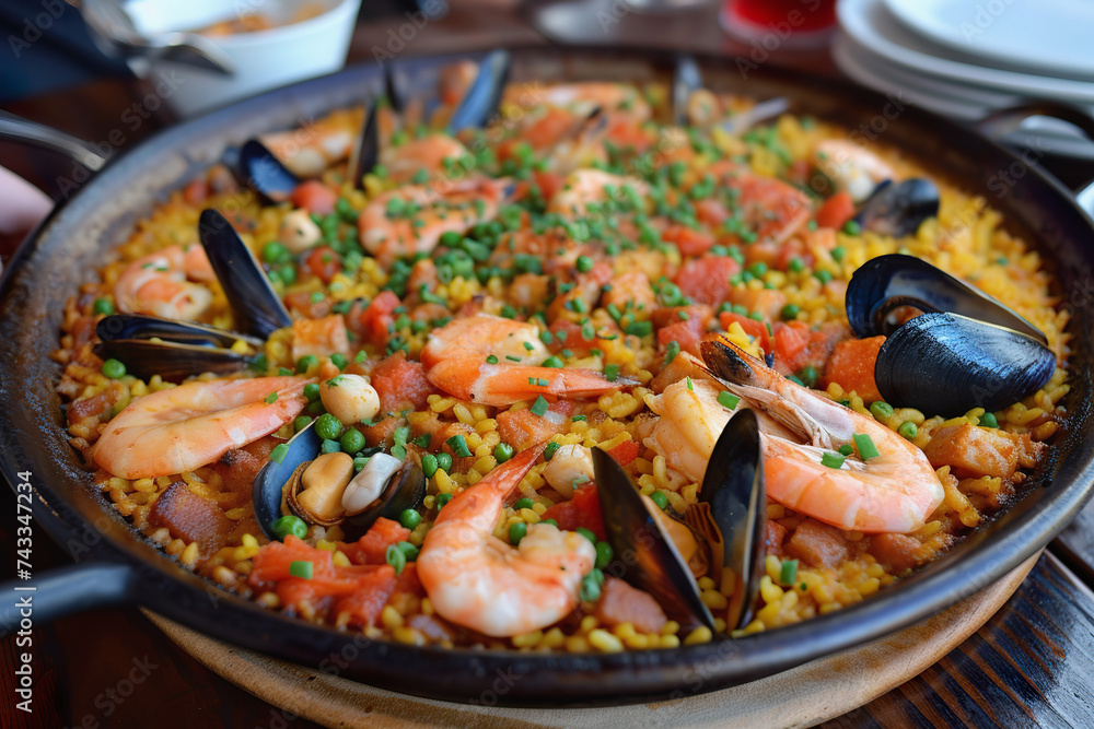 Spanish Paella with Seafood and Vegetables in pan - obrazy, fototapety, plakaty 