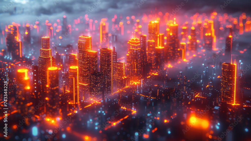 Obraz premium A 3D animation of a futuristic real estate market with buildings and properties floating in a digital space. The market is constantly in motion with properties changing in