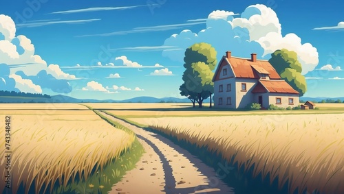 A charming house nestled in a yellow field, surrounded by trees and crops. The countryside scenery is complete with cloudy sky and a peaceful horizon