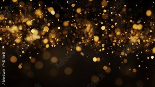 Falling shiny golden confetti. Bright festive tinsel in dark background