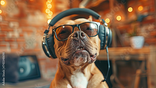 Dog wearing headphones hilariously bopping to beats a funny snapshot of pets enjoying music photo