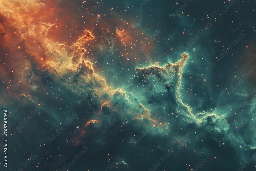 A vivid and fantastical depiction of a nebula with bright colors and dynamic cloud formations against a starry sky. - obrazy, fototapety, plakaty 
