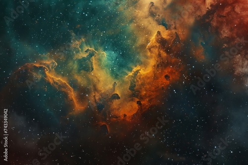 A vivid and fantastical depiction of a nebula with bright colors and dynamic cloud formations against a starry sky. photo