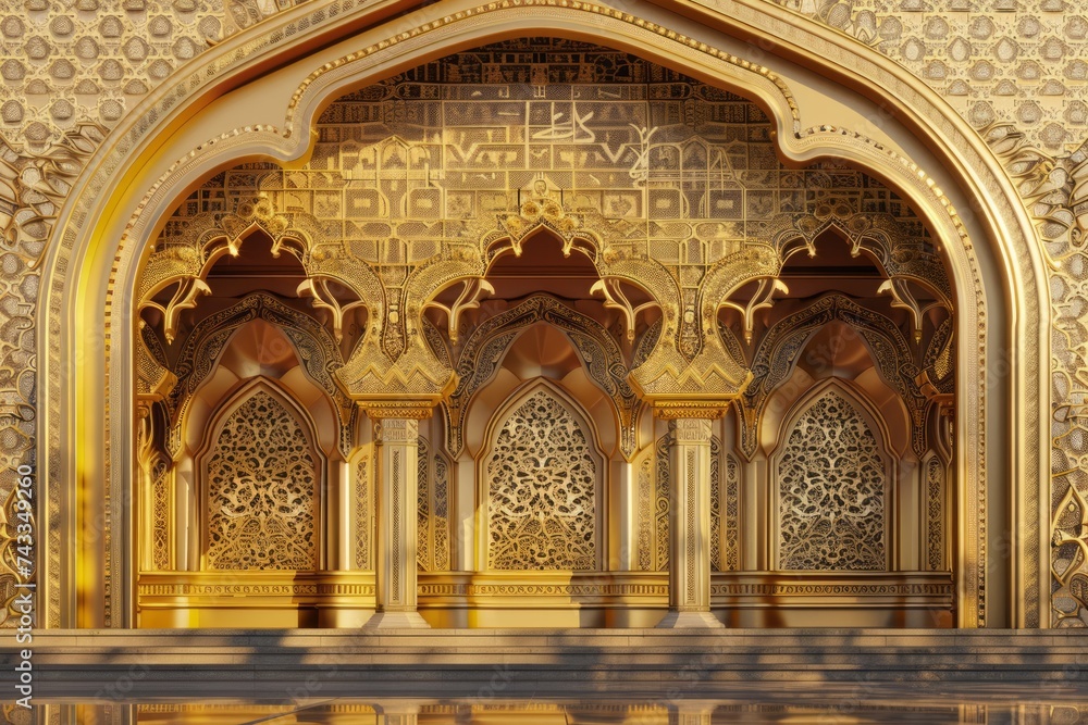 An ornate golden display featuring traditional Islamic architecture elements on a beige backdrop.
