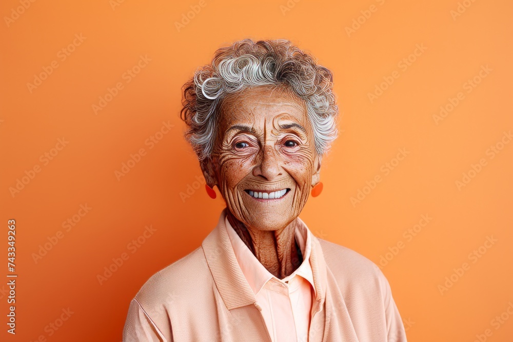 Portrait of a happy senior woman looking at camera against orange background Portrait of a happy senior woman looking at camera against orange background