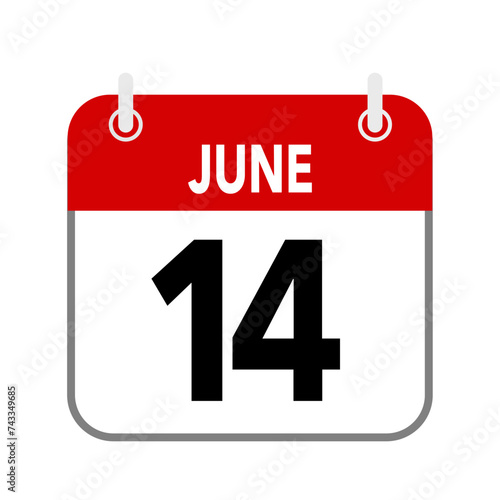 14 June, calendar date icon on white background.