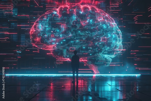 A futuristic depiction of a human silhouette standing before a glowing brain-shaped network of circuits and data streams.