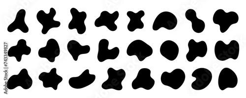 Black wavy liquid blobs. Amorphous random irregular blobs. Black blotch irregular form vector illustration. Set of abstract black organic shaped blobs elements isolated on white background