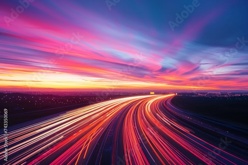 A long exposure shot of a highway at night, capturing the light trails of moving vehicles under a twilight sky.