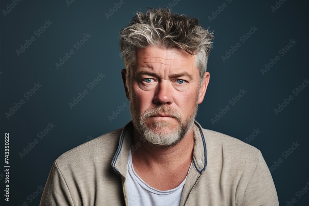 Portrait of an angry middle-aged man on a blue background Portrait of an angry middle-aged man on a blue background
