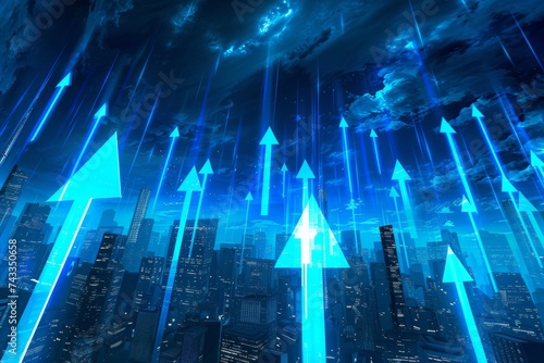 A digital illustration of glowing arrows soaring upwards over a cityscape  symbolizing growth  progress  or futuristic navigation.
