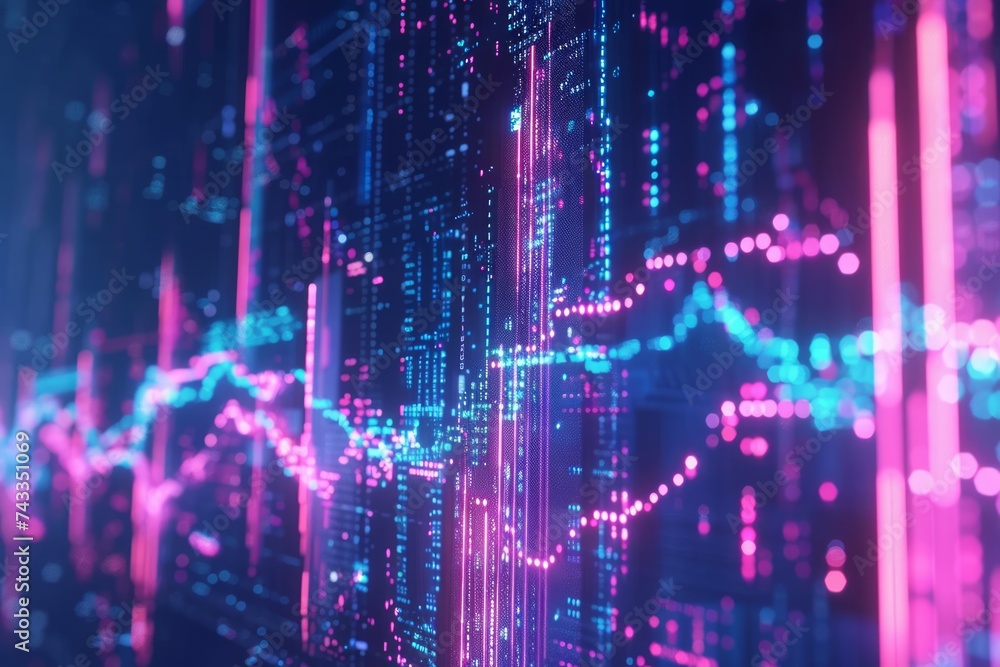 A futuristic data analytics visualization with glowing graphs and lines over a dark background, reflecting market trends or statistical analysis.